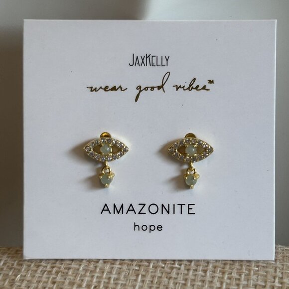 NEW Jax Kelly Green Amazonite Evil Eye Drop Earrings Hope Stone Hypoallergenic - Picture 6 of 8